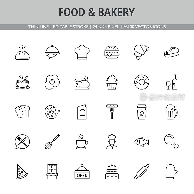 Food and bakery icon set. Editable stroke. Pixel perfect.